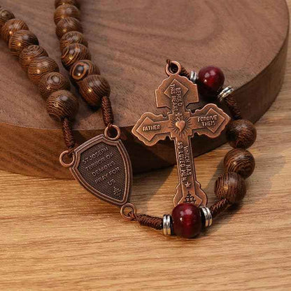 Handmade Wooden Beads Rosary Necklace with St. Joseph Medal & Crucifix Religious Gift