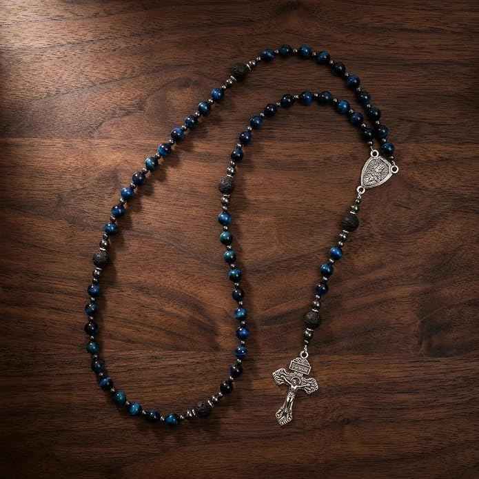 Blue Tiger Eye Rosary Necklace Lava Stone Prayer Beads with Our Father Medal & Crucifix