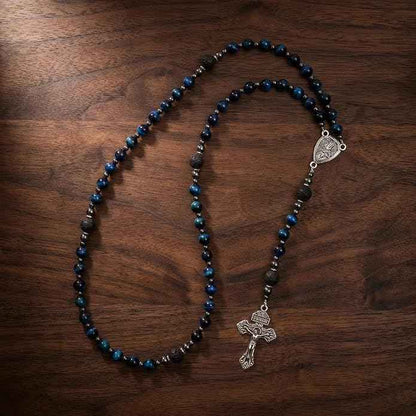 Blue Tiger Eye Rosary Necklace Lava Stone Prayer Beads with Our Father Medal & Crucifix