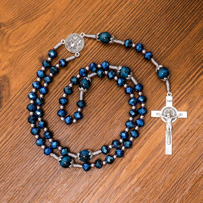 Blue Crystal Rosary Necklace with Tiger Eye Beads St. Benedict Medal & INRI Crucifix