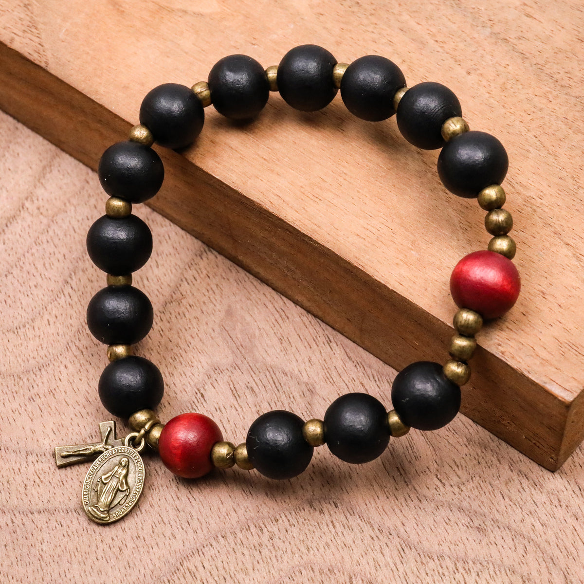 Black Wooden Bead Rosary Bracelet with Antique Bronze Miraculous Medal & Cross