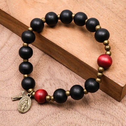 Black Wooden Bead Rosary Bracelet with Antique Bronze Miraculous Medal & Cross