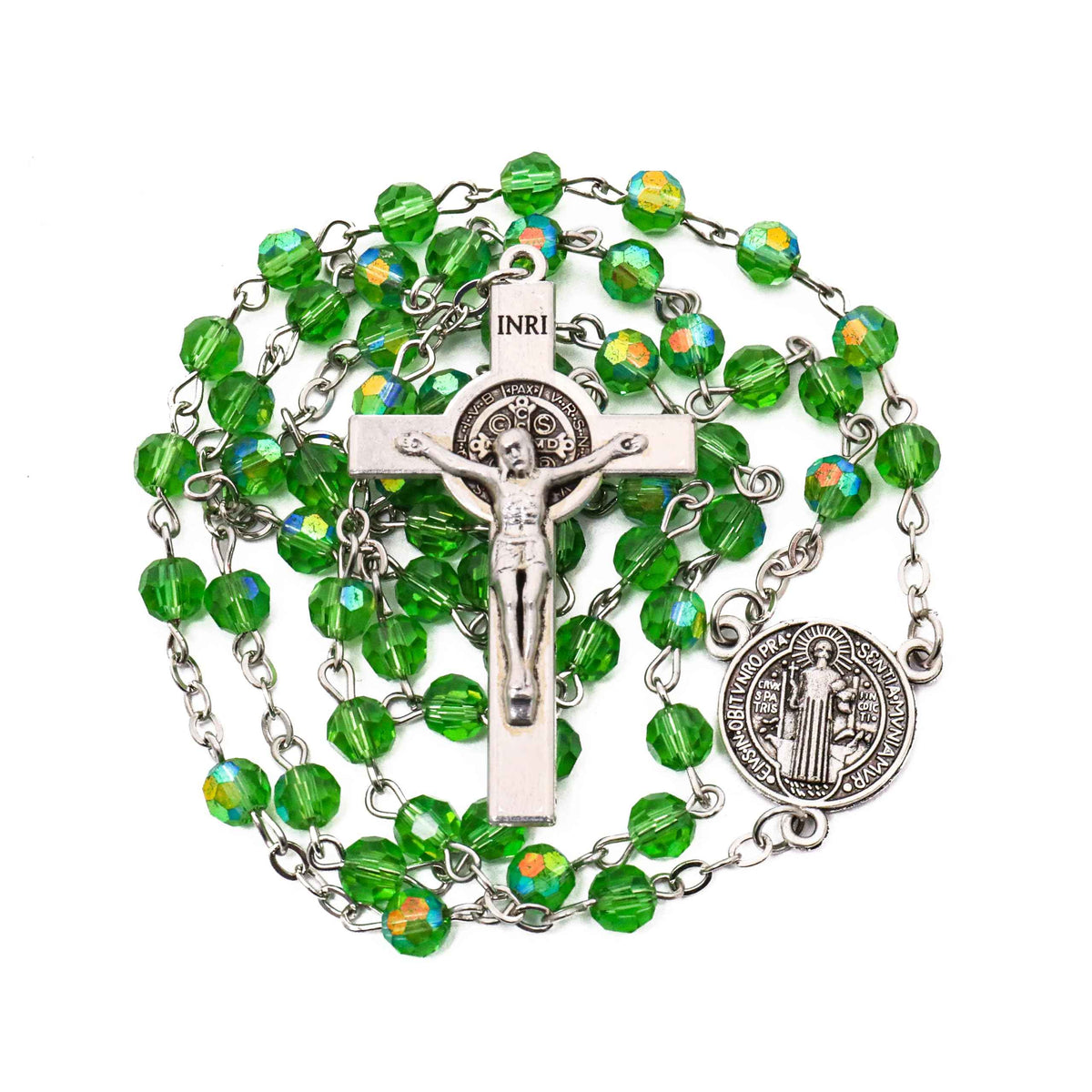 Green Crystallized Glass Beads Rosary Necklace with St. Benedict Medal & Crucifix