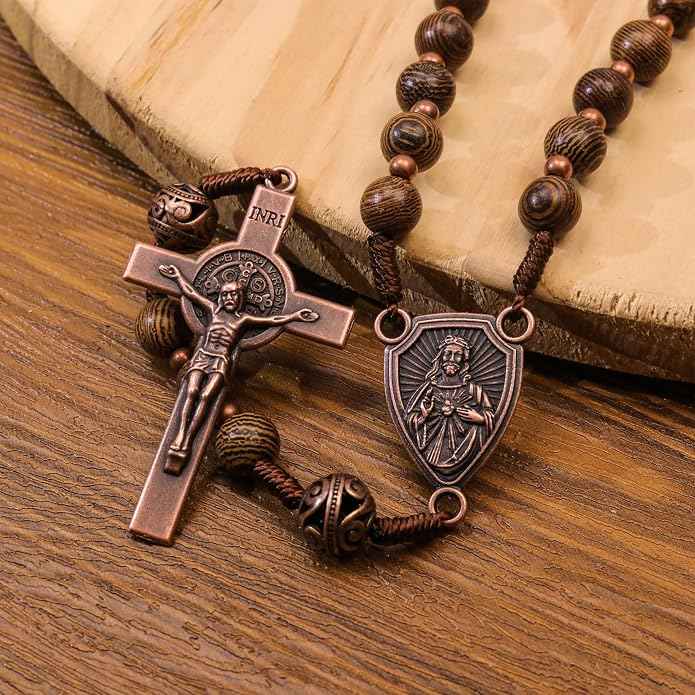 Solid Wooden Beaded Rosary Necklace Metal Glory Beads with Our Father Medal & Crucifix