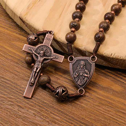 Solid Wooden Beaded Rosary Necklace Metal Glory Beads with Our Father Medal & Crucifix