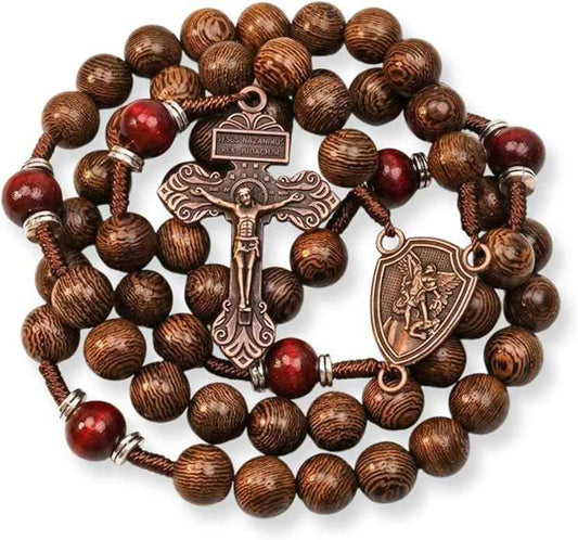 Handmade Wooden Beads Rosary Necklace with Saint Michael Medal & Crucifix Religious Gift