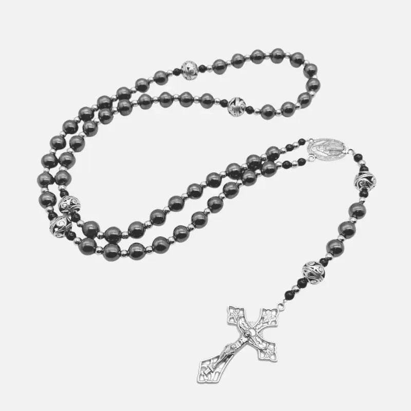 Hematite Rosary Necklace Handmade Chaplet Metal Glory Beads & Miraculous Medal - Nazareth Store