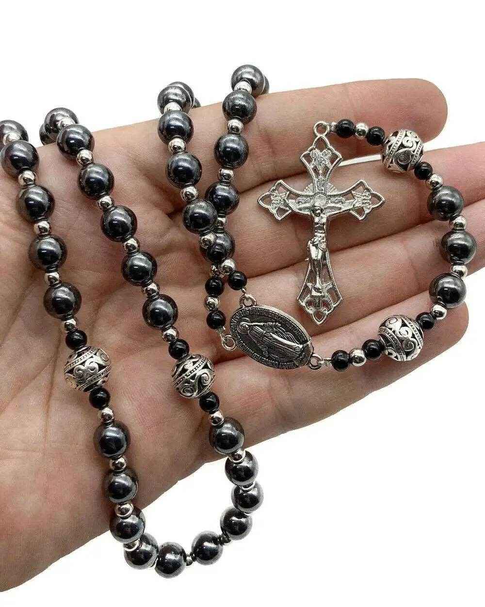 Hematite Rosary Necklace Handmade Chaplet Metal Glory Beads & Miraculous Medal