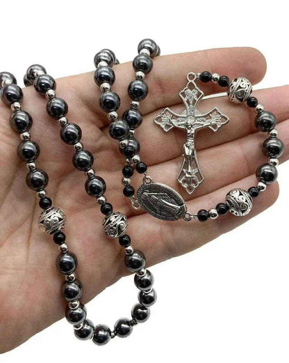 Hematite Rosary Necklace Handmade Chaplet Metal Glory Beads & Miraculous Medal
