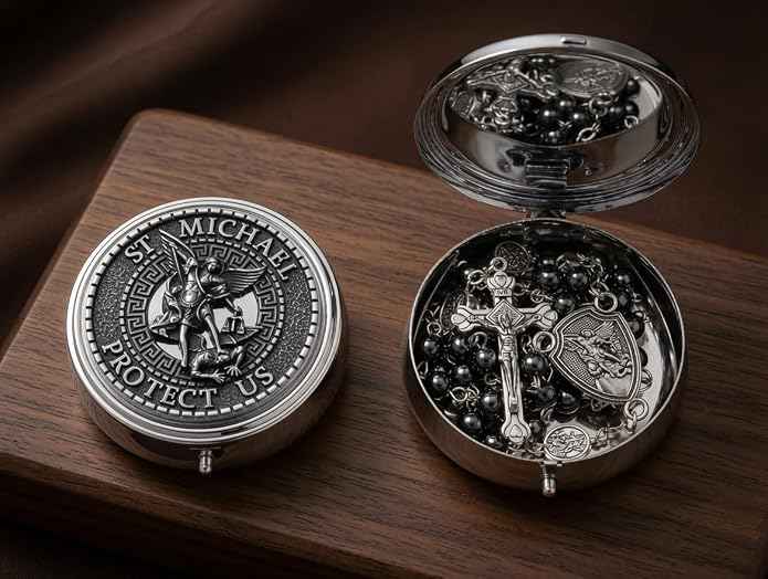 Hematite Rosary Necklace Silver-Plated St. Michael Archangel Medal & Crucifix with Metal Box