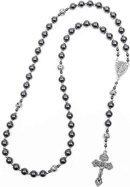 Black Stone Hematite Rosary Necklace Metal Beaded with Our Father Medal & Cross