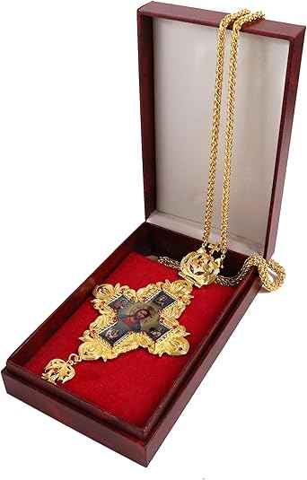 Gold Plated Red Stone Orthodox Cross Pendant Crucifix Necklace with Jesus Icon