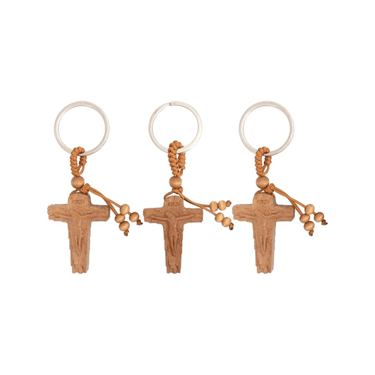 3pcs Wooden Crucifix Keychain Set Hand-Carved Peach Wood with Beaded Rope - Nazareth Store - Retail