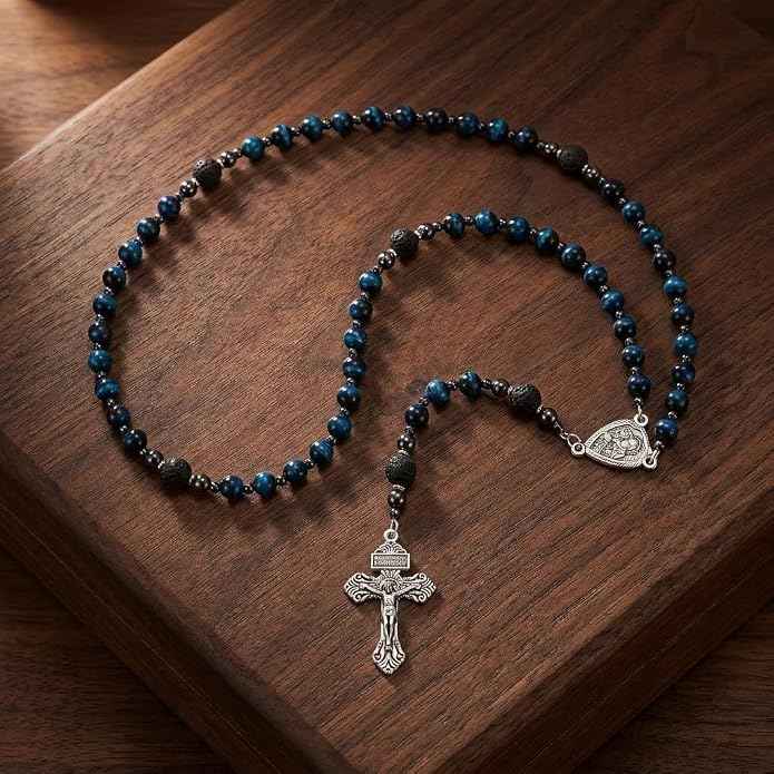 Blue Tiger Eye Rosary Necklace Lava Stone Prayer Beads with St. Joseph Medal & Crucifix