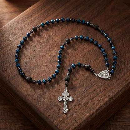 Blue Tiger Eye Rosary Necklace Lava Stone Prayer Beads with St. Joseph Medal & Crucifix