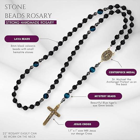 St. Michael Black Lava Stone Beads with Blue Tiger Eye Beads Rosary Necklace for Men's - Nazareth Store