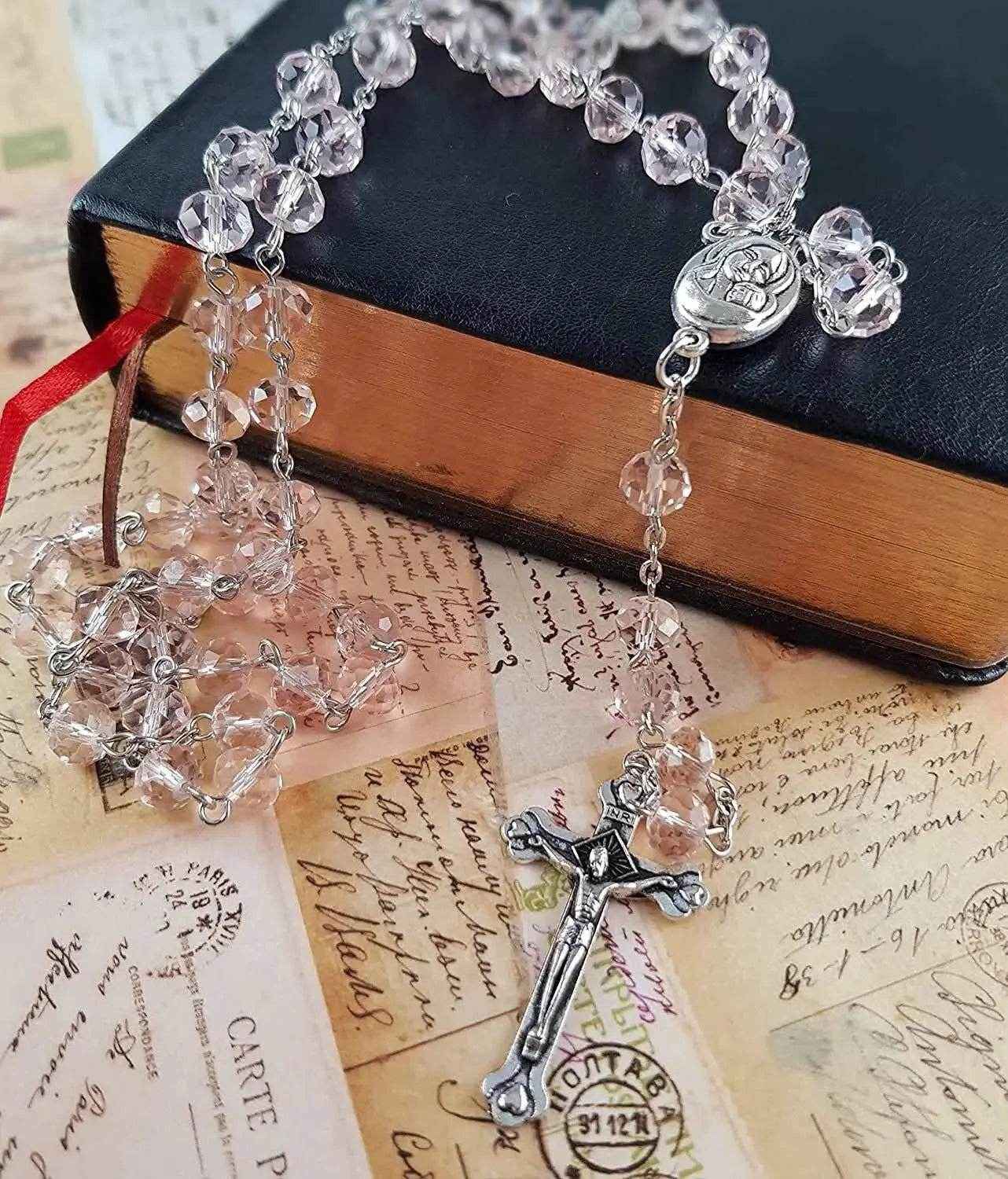 Pink Crystal Beads Rosary Necklace Holy Soil Medal & Silver Jesus Cross Crucifix