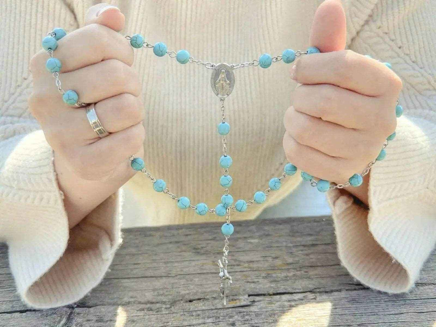 Turquoise Beads Rosary Catholic Necklace Miraculous Medal & Cross