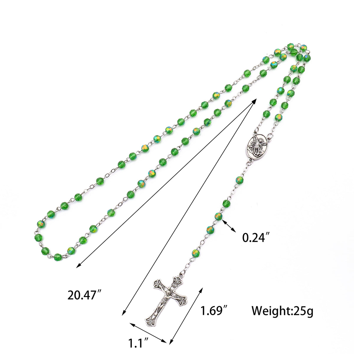 Green Crystallized Glass Beads Catholic Rosary Necklace with St. Michael Medal & Crucifix