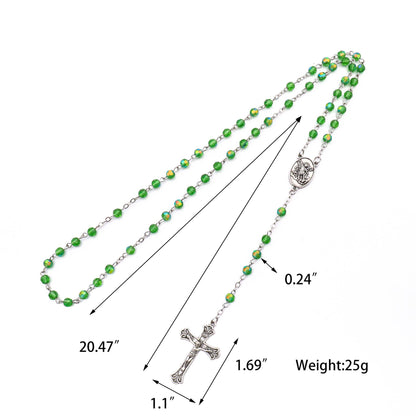 Green Crystallized Glass Beads Catholic Rosary Necklace with St. Michael Medal & Crucifix