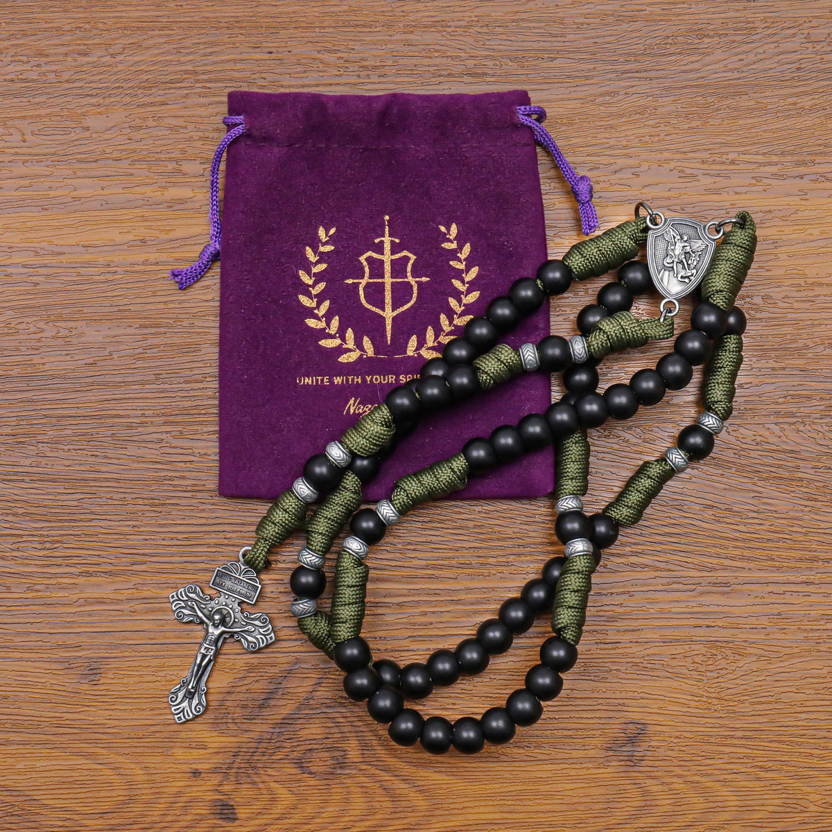 Black Beaded Olive Green Paracord Catholic Rosary Necklace with St. Michael Crucifix