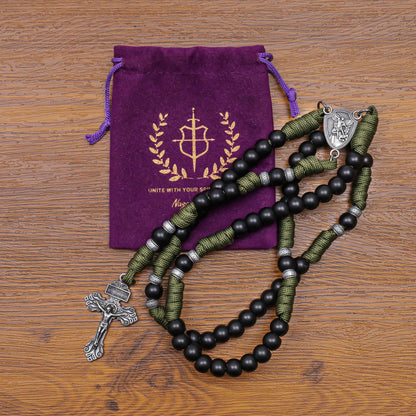 Black Beaded Olive Green Paracord Catholic Rosary Necklace with St. Michael Crucifix