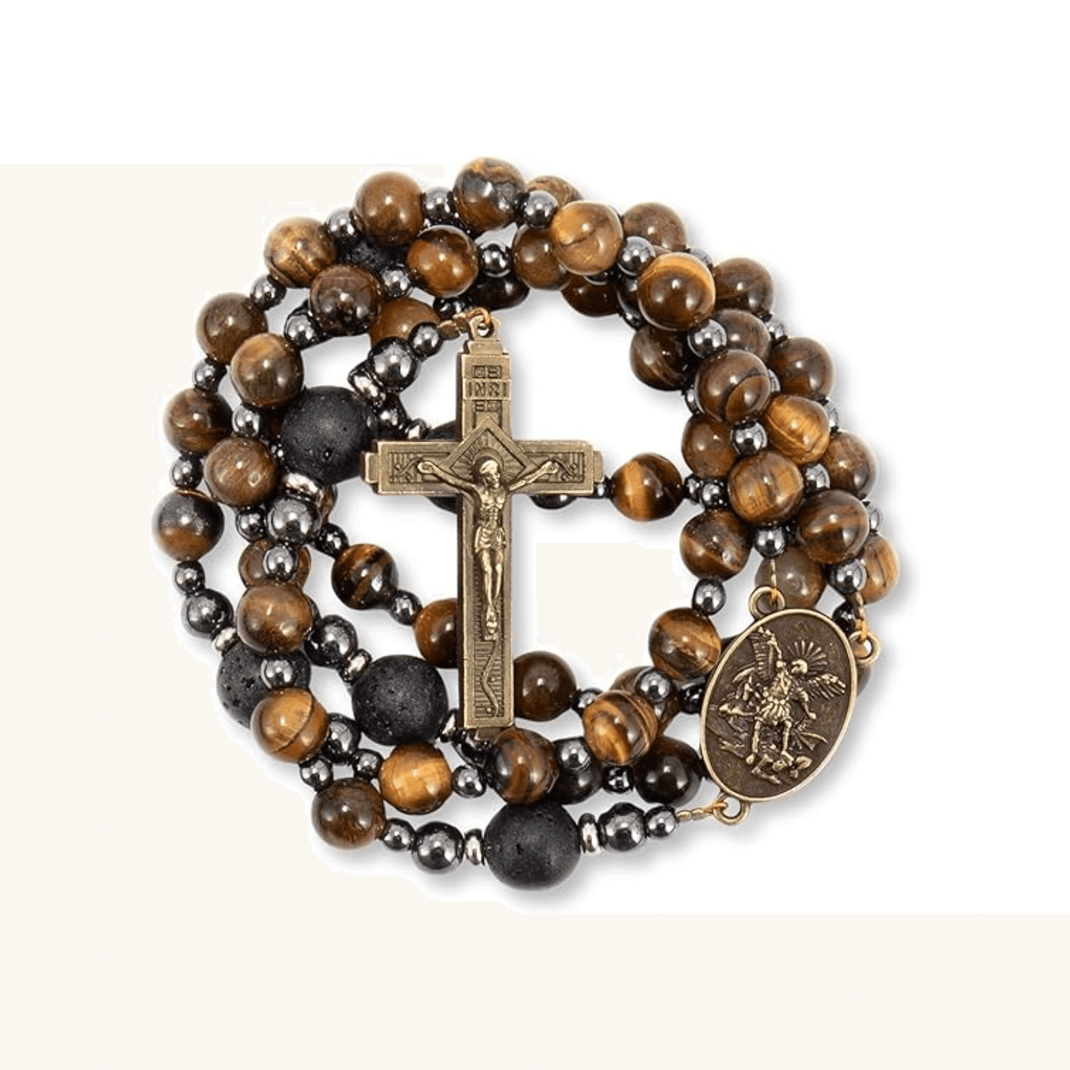 Men's Brown Tiger Eye Catholic Rosary with St. Michael Medal & Cross - Nazareth Store