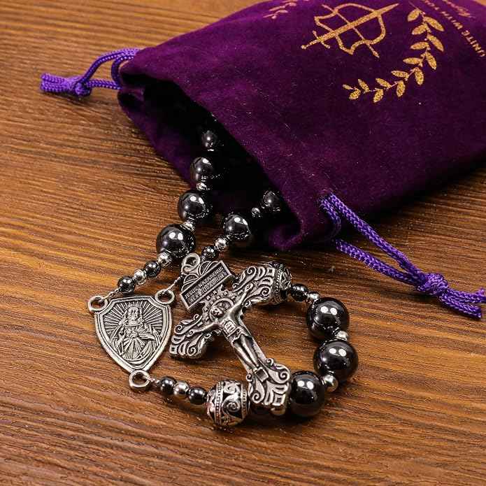 Black Stone Hematite Rosary Necklace Metal Beaded with Our Father Medal & Cross