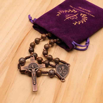 Olive Wood Rosary Necklace Metal Glory Beads with St. Joseph Medal & Cross Crucifix