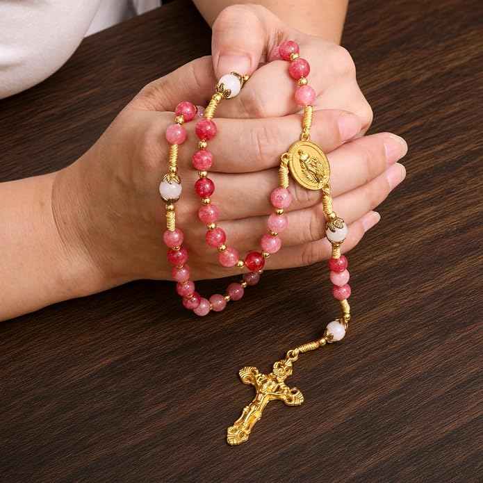 Strawberry Quartz Rosary Necklace White Jade Beads with Miraculous Medal & Cross