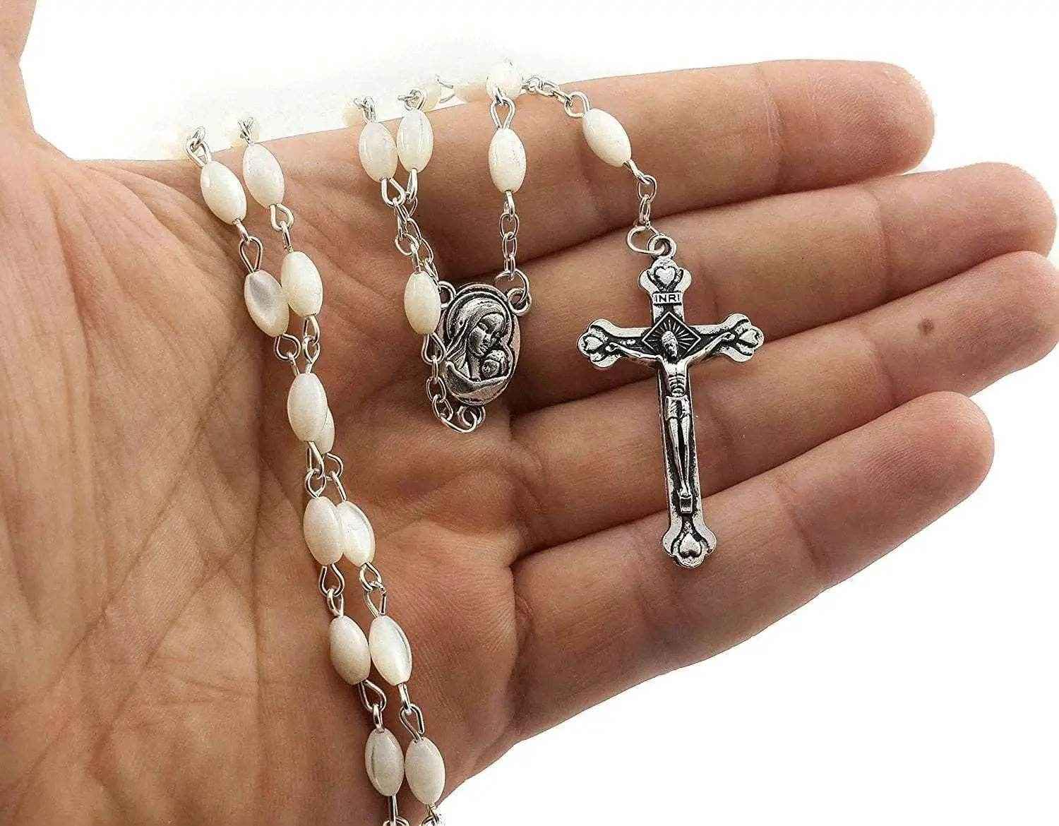 Pearl Shell Beads Rosary Catholic Necklace Jerusalem Holy Soil Medal Cross