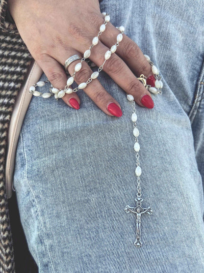 Pearl Shell Beads Rosary Catholic Necklace Jerusalem Holy Soil Medal Cross