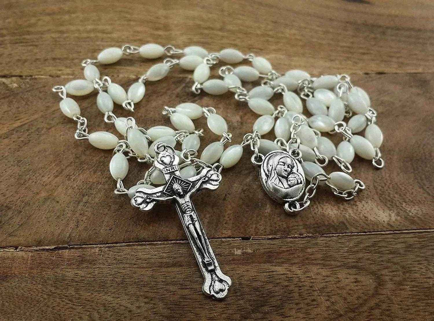 Pearl Shell Beads Rosary Catholic Necklace Jerusalem Holy Soil Medal Cross