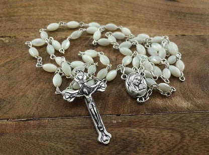 Pearl Shell Beads Rosary Catholic Necklace Jerusalem Holy Soil Medal Cross