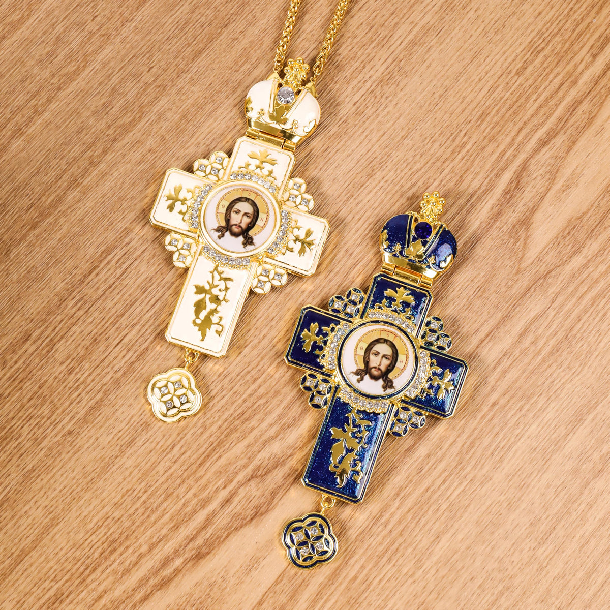 Orthodox White Enamel Gold Cross Necklace Jesus Crucifix Pendant with Zirconia