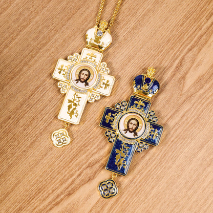 Orthodox White Enamel Gold Cross Necklace Jesus Crucifix Pendant with Zirconia