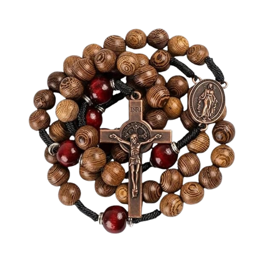 10mm olive wood beads and 12mm dark red wood mystery beads, this rosary offers a bold, strong design that’s perfect for men.