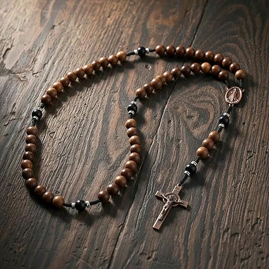10mm olive and 10mm black wood mystery beads, this rosary offers a bold, strong design that’s perfect for men.