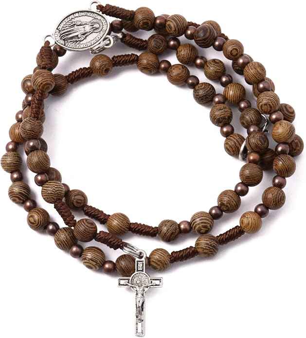 Olive Wooden Rosary Bracelet Necklace with Miraculous Medal & Crucifix Cross Wearable Religious Gift