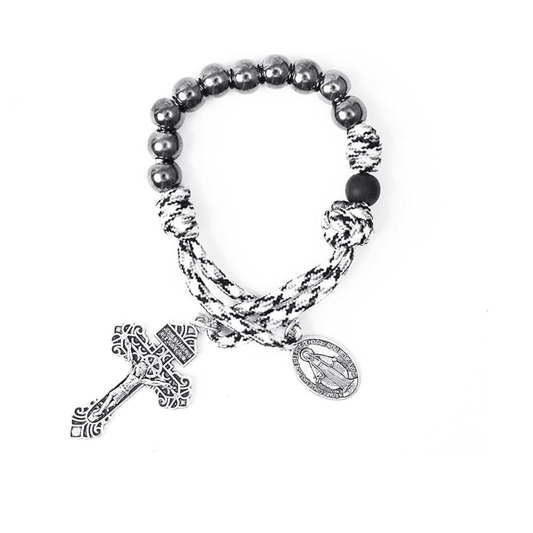 One Decade Black & White Paracord Rosary Silver Beads Pocket with Miraculous Chaplet - Nazareth Store