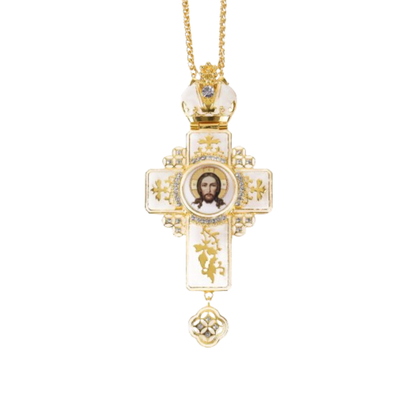Orthodox White Enamel Gold Cross Necklace Jesus Crucifix Pendant with Zirconia