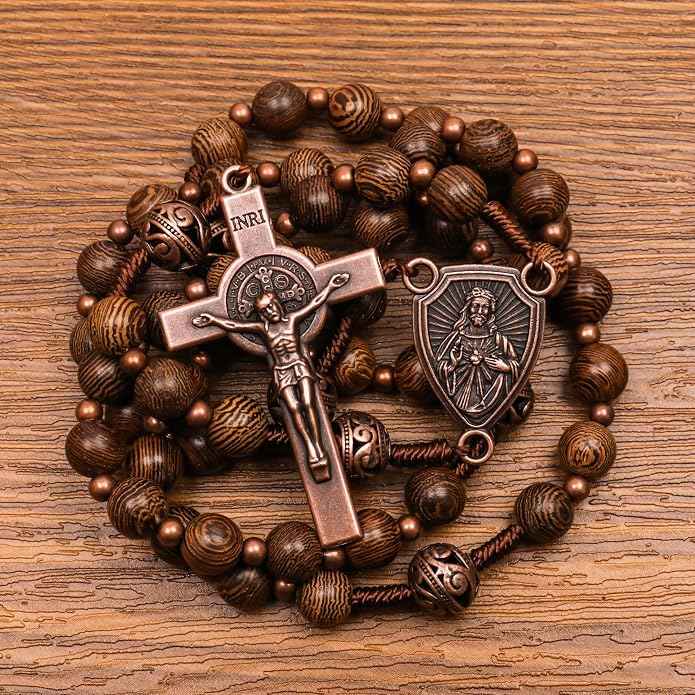 Solid Wooden Beaded Rosary Necklace Metal Glory Beads with Our Father Medal & Crucifix