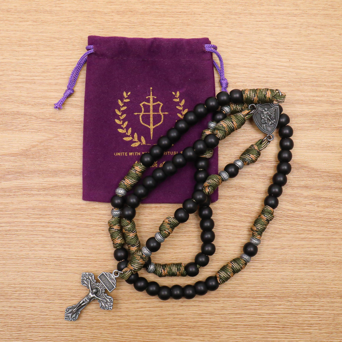 Black Beaded Green & Brown Paracord Catholic Rosary with St. Michael Medal & Pardon Crucifix