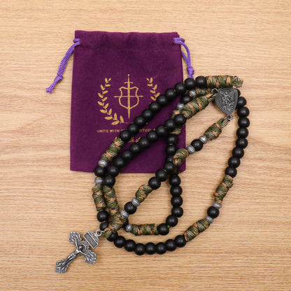 Black Beaded Green & Brown Paracord Catholic Rosary with St. Michael Medal & Pardon Crucifix