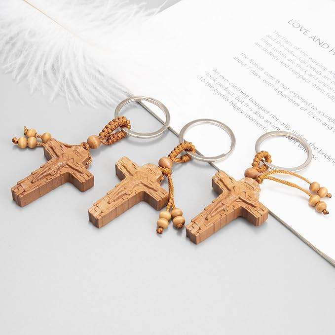 3pcs Wooden Crucifix Keychain Set Hand-Carved Peach Wood with Beaded Rope - Nazareth Store - Retail