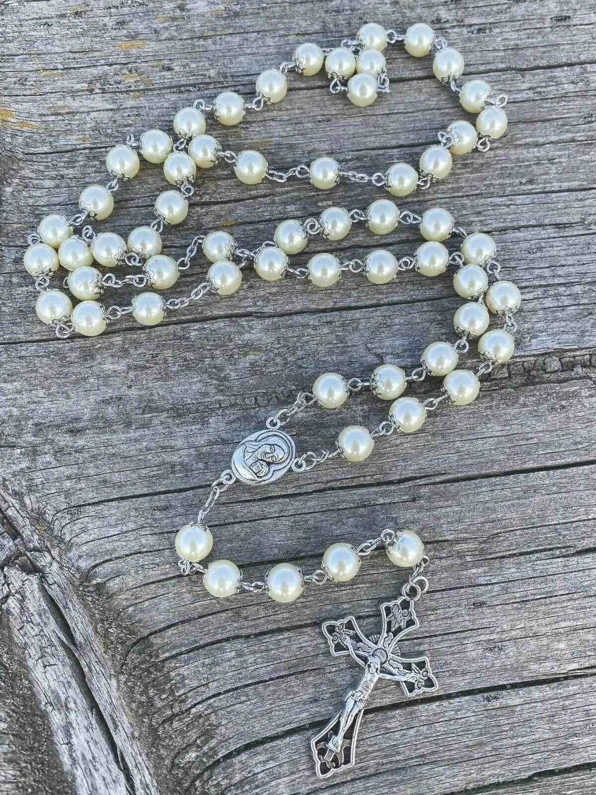 Cream Beads Pearl Rosary Chaplet Holy Soil Medal & Cross