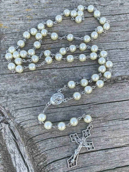 Cream Beads Pearl Rosary Chaplet Holy Soil Medal & Cross