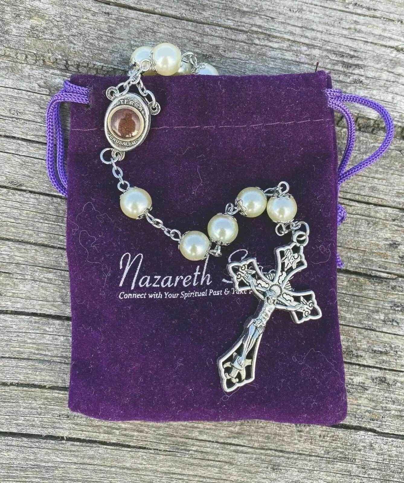 Cream Beads Pearl Rosary Chaplet Holy Soil Medal & Cross