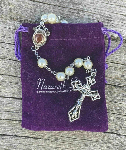 Cream Beads Pearl Rosary Chaplet Holy Soil Medal & Cross