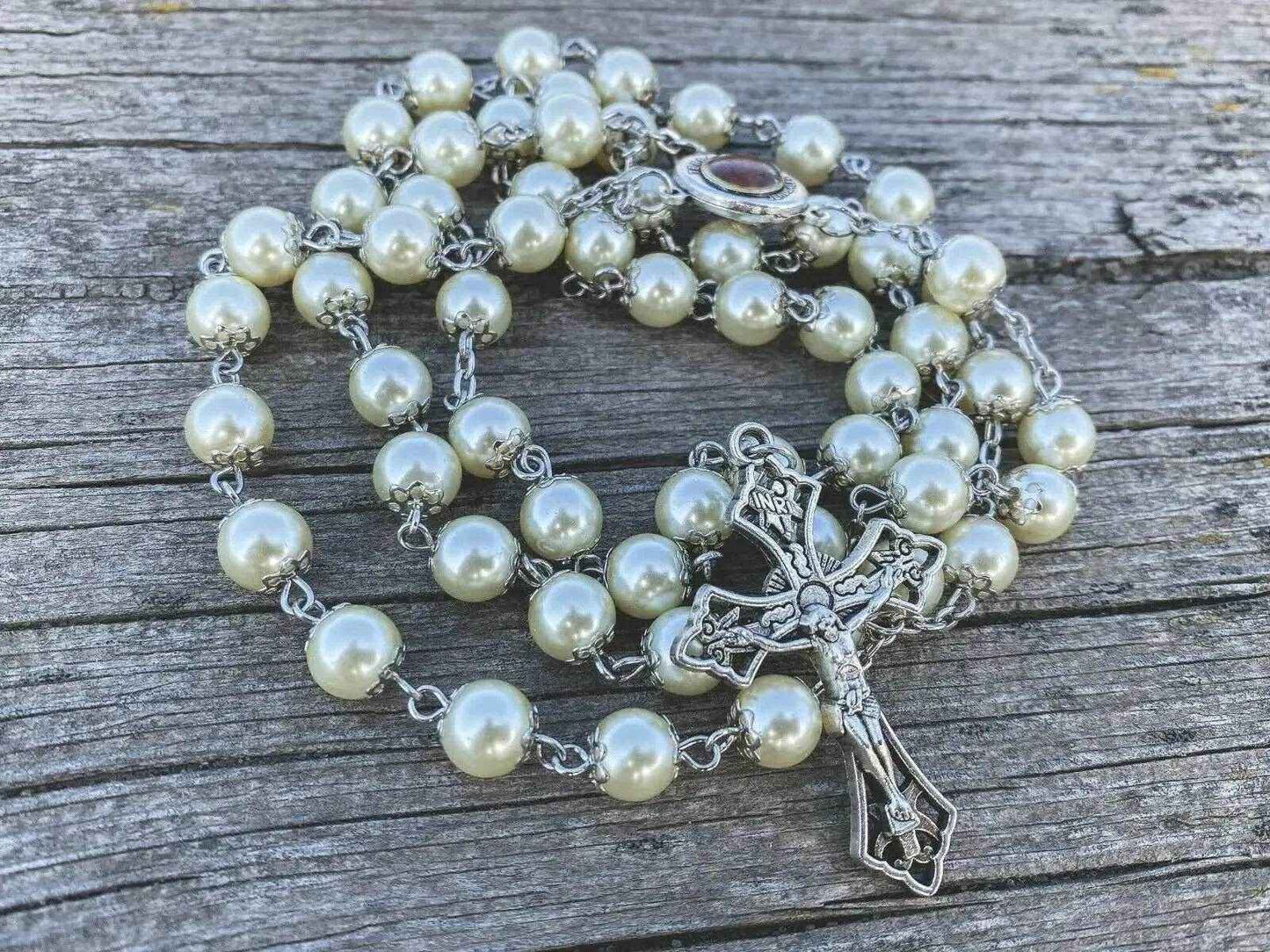 Cream Beads Pearl Rosary Chaplet Holy Soil Medal & Cross